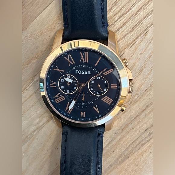 Fossil Men’s Watch Grant Chronograph Blue Leather Strap Blue Dial Rose Gold Case - Picture 1 of 12